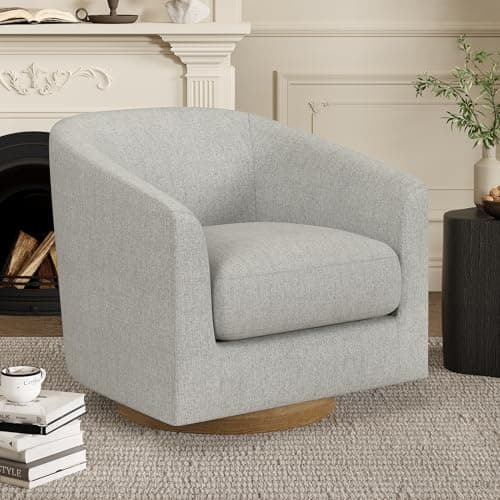 Ivory White Swivel Accent Chair with Solid Wood Base - For Bedroom, Reading, or Waiting Room