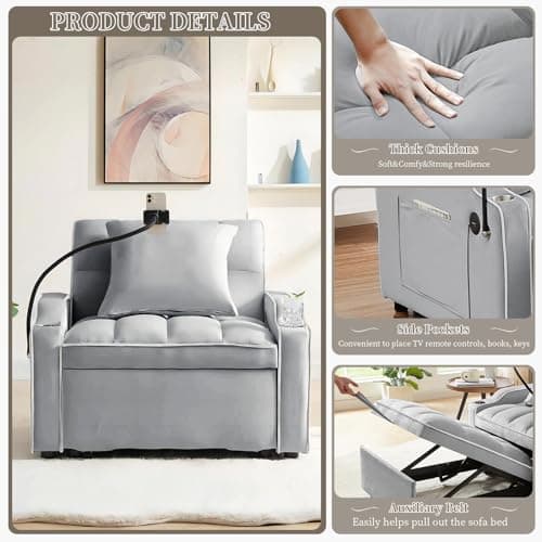 3-in-1 Convertible Sleeper Chair Bed for Small Spaces (Grey)
