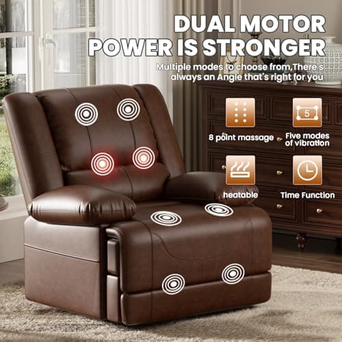 Elderly Recliner Chair with Massage, Heating and USB Ports (Red Brown)