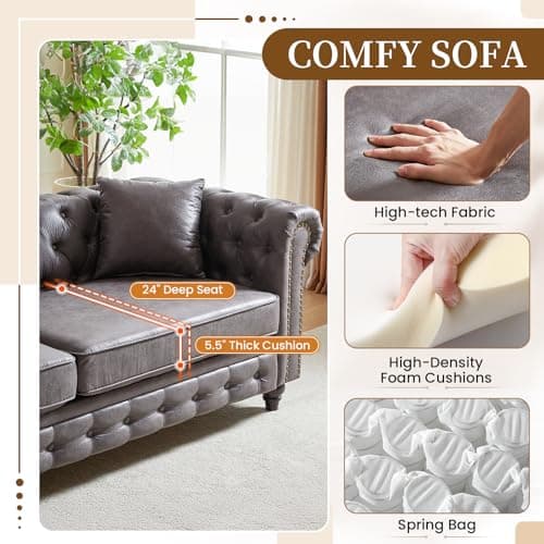 Mid-Century Modern Grey 3-Seater Oversized Sofa, Button Tufted & Nailhead Trim