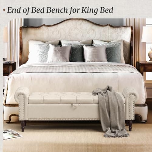 Linen Button Tufted King Ottoman for Bed End, Window Seat with Nailhead Trim