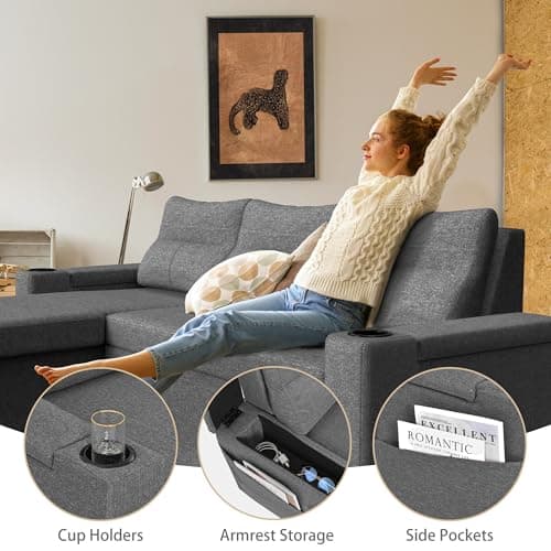 Pamapic Dark Gray L-Shaped Sleeper Sofa with Storage & Ergonomic Cushions