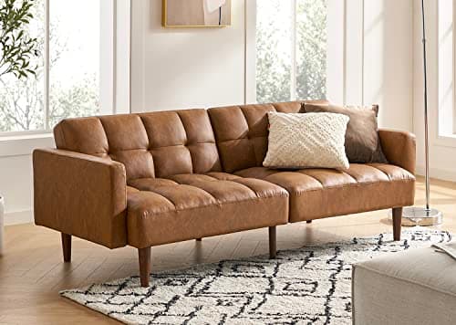 Mid Century Modern Futon Couch for Living Room and Bedroom - Pecan Brown, Faux Leather