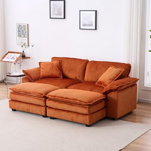 Oversized Cream White Corduroy Chaise Lounge Chair & Ottomans