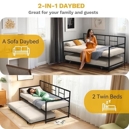 DWVO Black Twin Size Adjustable Height Daybed with Pull Out Trundle