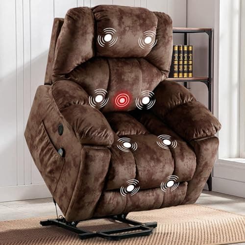 Phoenix Home Large Power Lift Recliner with Massage and Heat for Elderly, Electric Chair with USB Port, 2 Hidden Cup Holders, Brown