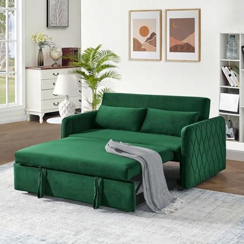 Convertible Sleeper Sofa Couch with Pull Out Bed, 55 Modern Velvet Sofa Bed with Adjustable Backrest & Side Pocket in Green