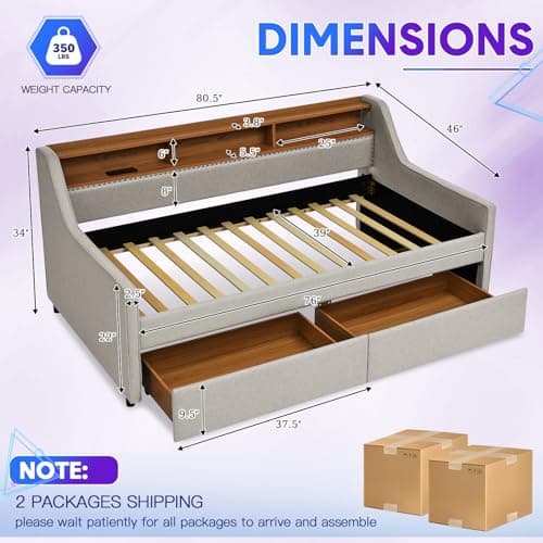 Modern Twin Size Daybed with Storage Drawers, Wireless Charger, and LED Light for Living Room or Apartment