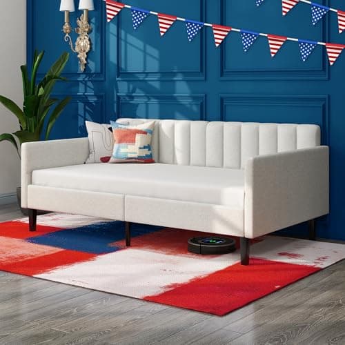 Twin Size Upholstered Daybed with Wood Slat Support in Ivory Velvet