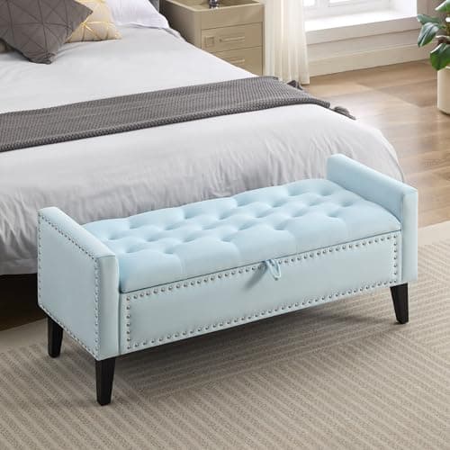 Dusty Blue Velvet Storage Bench with Bedside Ottoman Legs