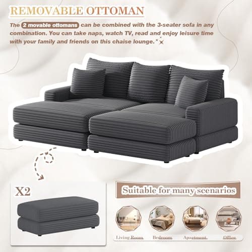 Oversized Grey Corduroy Chaise Lounge Seater with Ottoman