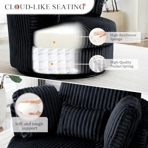 40" Modern Black Swivel Chair with 360° Metal Base & Plush Pillows, Thick Cushion, Living Room & Bedroom Accent (Black)