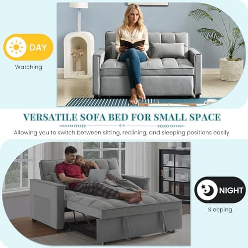 Antetek Modern Velvet Reclining Sleeper Sofa Bed, Grey