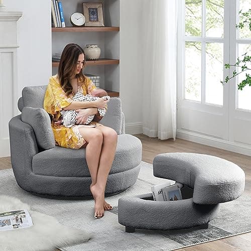 Grey Teddy Fabric Swivel Chair with Storage Ottoman