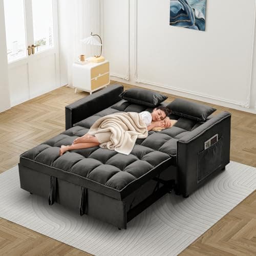 3-in-1 Velvet Convertible Sleeper Sofa Bed, Dark Black-adjustable Backrest