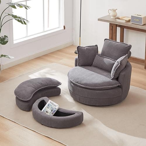 Oversized Grey Swivel Chair with Moon Ottoman & 4 Pillows