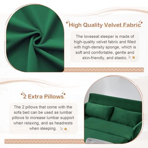 Convertible Sleeper Sofa Couch with Pull Out Bed, 55 Modern Velvet Sofa Bed with Adjustable Backrest & Side Pocket in Green