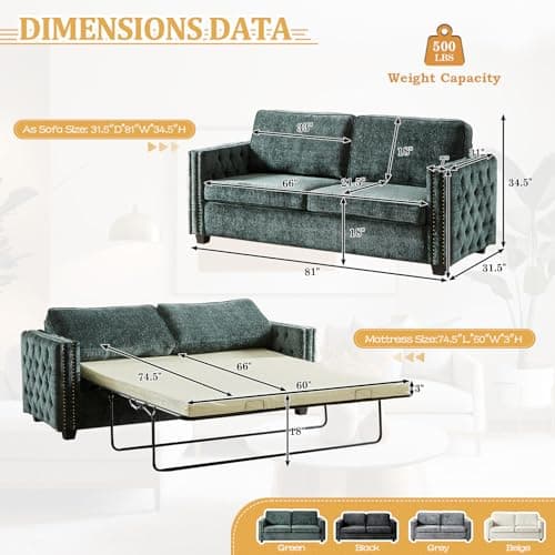 Chenille Convertible Sleeper Couch Bed, Full Size Memory Foam Mattress(Green)