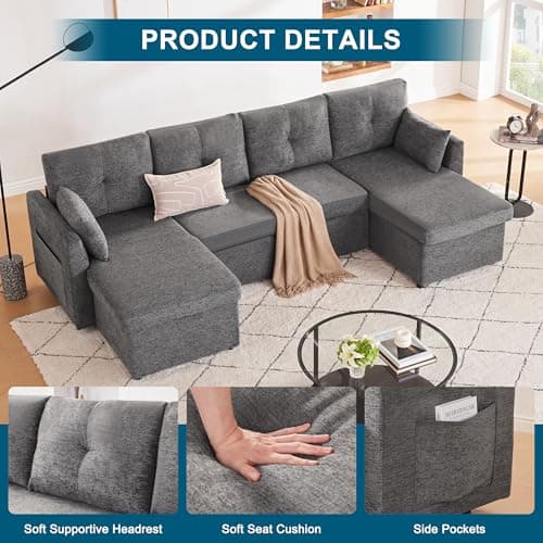 Dark Grey 110" 2-in-1 Pullout Couch Bed with Storage Chaise