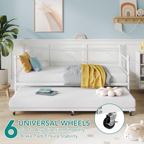 IDEALHOUSE Metal Twin Daybed with Trundle, Multifunctional Bed Frame