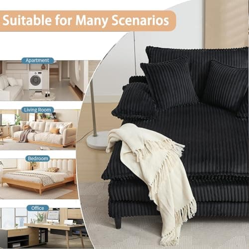 55” Black Corduroy Oversized Comfy Lounge Chaise Chair with 3 Throw Pillows, 4-Position Adjustable Backrest