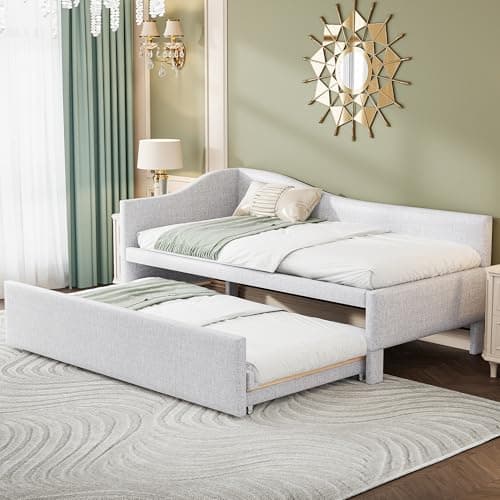 Beige Linen Extendable Day Bed with Pop Up Trundle,Twin to King