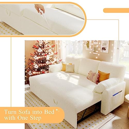VanAcc 2-in-1 Sleeper Sofa Bed with White Sherpa Chaise and Storage