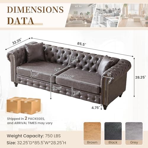 Mid-Century Modern Grey 3-Seater Oversized Sofa, Button Tufted & Nailhead Trim