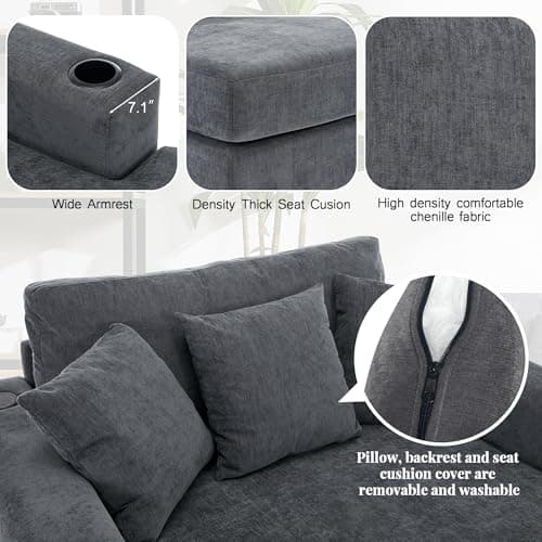 Blue-gray 55" Oversized Chaise Lounger with Chenille Fabric, Pillows, Charge Station & Cup Holders
