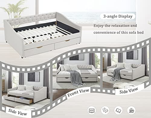 Upholstered Full Size Daybed with Storage and Headboard (Beige)
