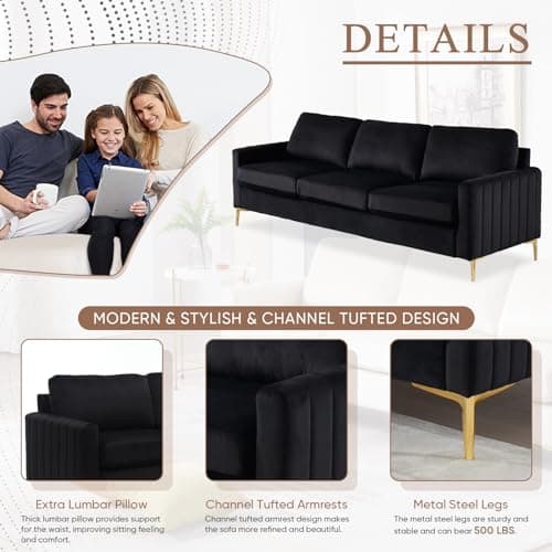 JEEOHEY Velvet Sofa Couch,85 Comfy 3 Seater Sofa with Metal Legs - Black