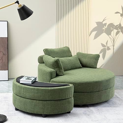 360° Swivel Barrel Chair with Half Moon Ottoman - 39W Sherpa Teddy Upholstered Accent Chair for Living Room, Bedroom, Office, and Reading Nook
