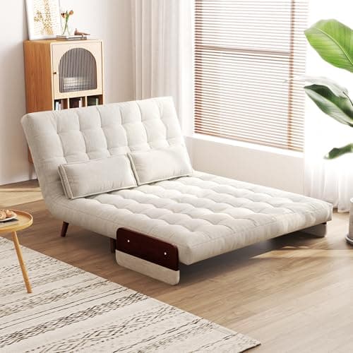 3-in-1 Convertible Chair Bed Sleeper for Adults, Linen Convertable Chair with Wooden Arms & Pillows