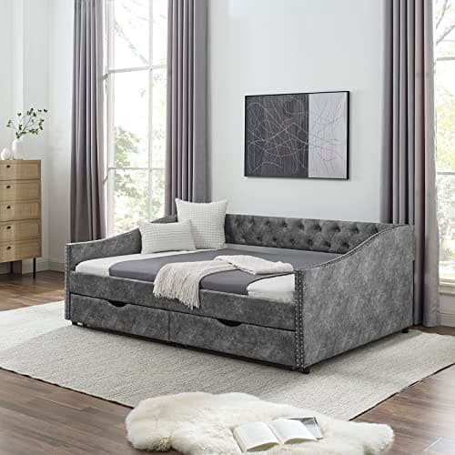 Beige Wood Full Size Daybed with Storage, Upholstered Nailhead Design, No Box Spring Needed