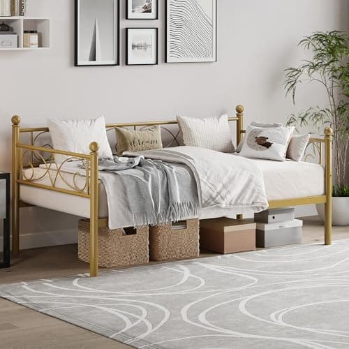 Gold Metal Day Bed, Twin Size with Floral Headboard, Modern SOFE Bed Frame