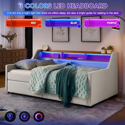 Modern Twin Size Daybed with Storage Drawers, Wireless Charger, and LED Light for Living Room or Apartment