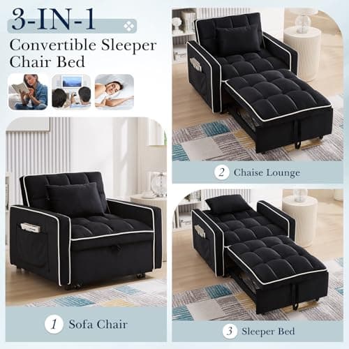 Black 3-in-1 Reclining Sleeper Sofa Chair Bed with Side Pockets