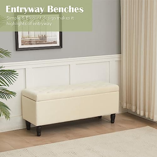 Off White Bedroom Bench with 2 Ottoman Footrests and Storage