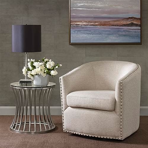 Madison Park Tyler Curved Back Swivel Accent Chair, 7-Inch Cushion, Neutral Tone