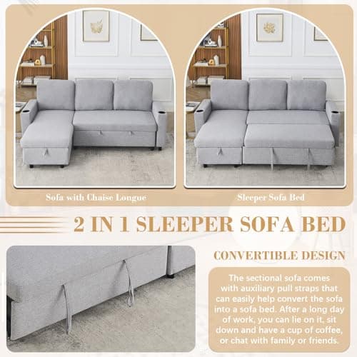 Linen L Shape Couch Sofa with Storage Chaise&Sleeper Pull Out Bed