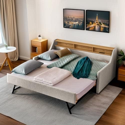 Upholstered Twin Daybed with Pop Up Trundle & Wireless Charger, Beige
