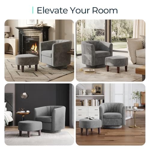 LINSY Gray Velvet Swivel Chair with Ottoman, Modern Comfy Living Room Armchair