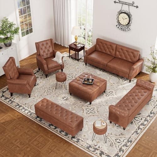 Faux Leather Window Bench with Storage & Tufted Button Detail, 65" Bedroom Bench, Brown