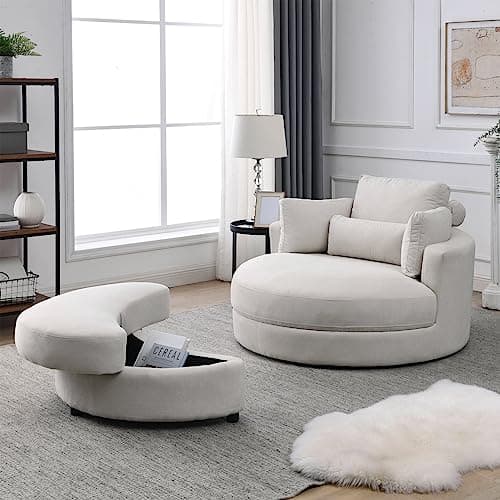 Triple Tree Modern Swivel Lounge Chair with Half Moon Storage, Linen Fabric, White