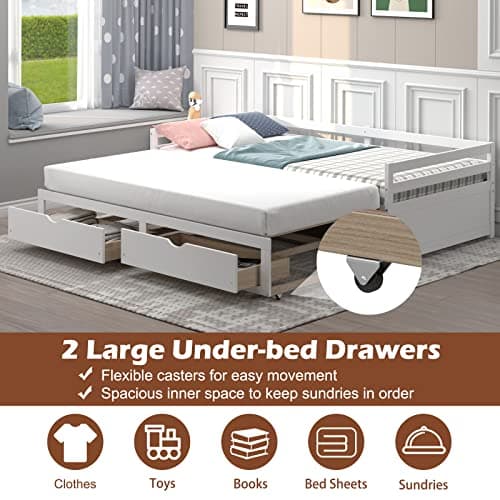 Modern Twin to King Daybed with Trundle, 2 Drawers, Pull Out Bed - White