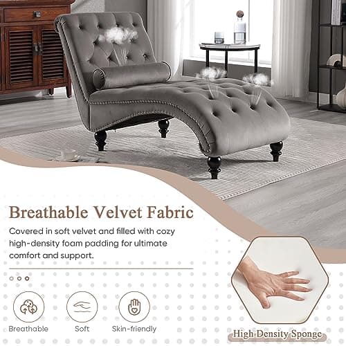 Modern Velvet Chaise Lounge Chair for Living Room or Bedroom - Grey