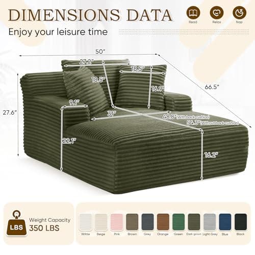 Oversized Chaise Lounge Chair Army Green for Living Room with 3 Pillows and Comfy Fluffy Couch, Modern Deep Seat Sofa No Assembly Needed, 50"W Upholstered Corduroy Couch Single Sleeper