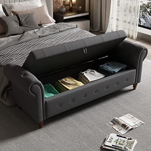 Button Tufted Storage Bench for Bedroom, Linen Fabric Upholstered Ottoman Bench (Dark Grey)