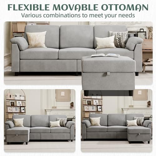 Vongrasig 79" L-Shaped Couch with Storage Ottoman, Light Grey Linen Fabric