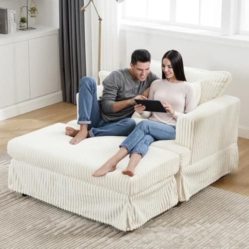 Beige Luxe Chaise Lounge With Ottoman & 2 Pillows 48" Modern Soft Reading Chair